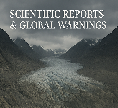 cientists studying the Himalayas with data charts and global warming warnings.