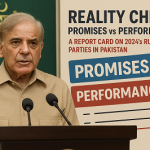 Pakistan’s political leaders at a press conference with charts showing performance data.