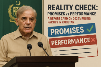 Pakistan’s political leaders at a press conference with charts showing performance data.