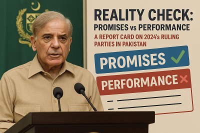 Pakistan’s political leaders at a press conference with charts showing performance data.