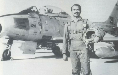 Fighter jet soaring through the sky with M.M. Alam at the controls.