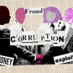 Corruption in Pakistan illustrated with money and justice scale