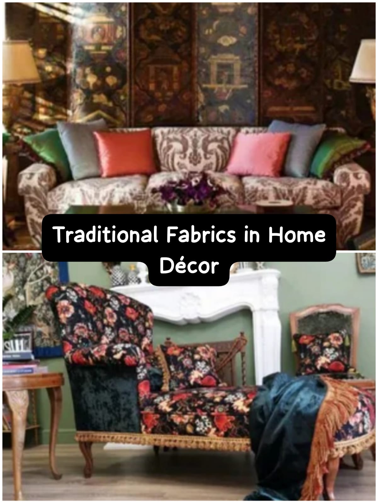 Home decorated with global traditional fabrics like rugs, curtains, and cushions