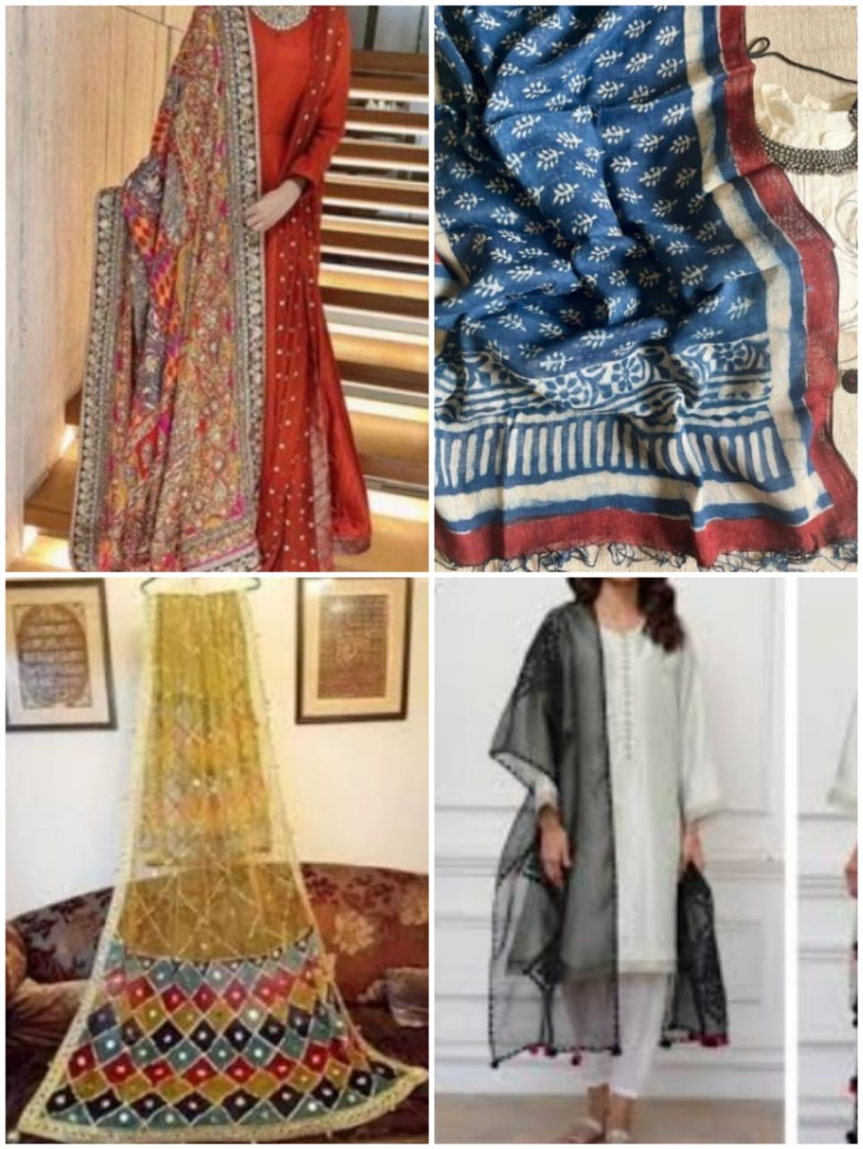 Woman draped in a rich Banarasi dupatta over a neutral kurta
