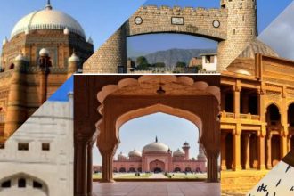 Collage of famous historical places in Pakistan, including forts, mosques, and monuments.