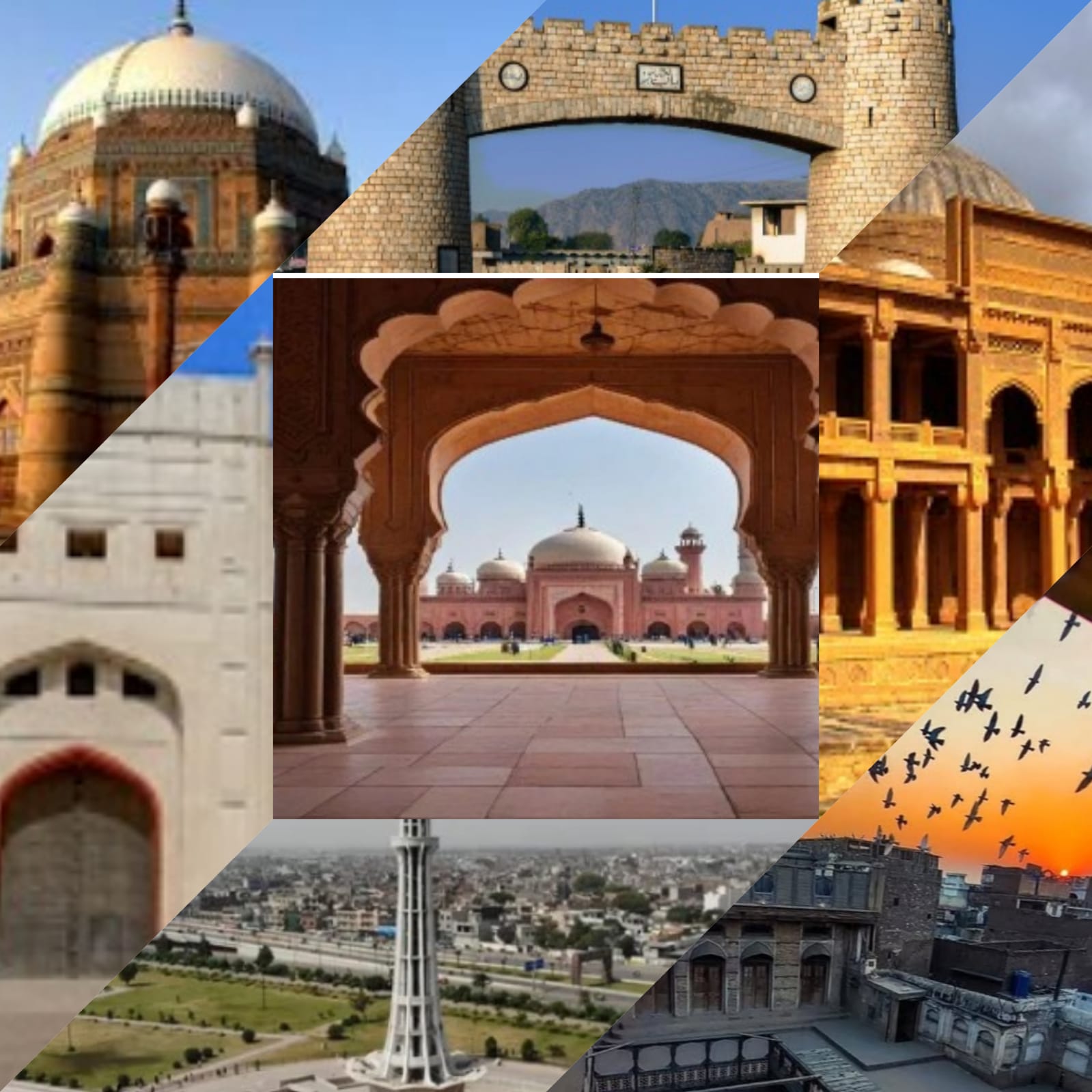 Collage of famous historical places in Pakistan, including forts, mosques, and monuments.