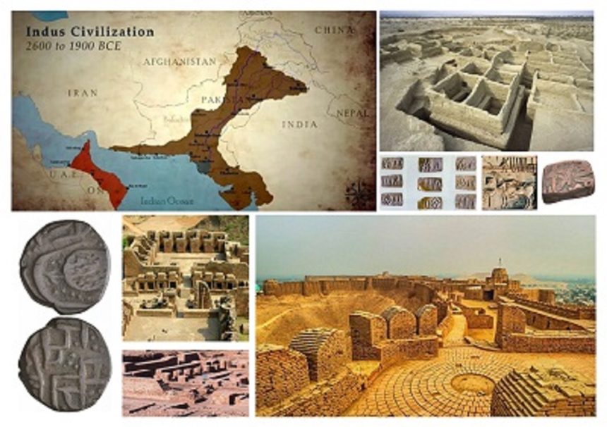 Artistic representation of ancient ruins, artifacts, and maps symbolizing Pakistan’s historic civilizations.