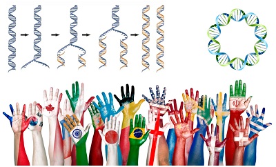 Visual of human DNA blended with speech bubbles in various languages