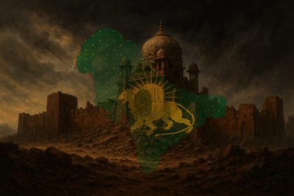 A crumbling Mughal fort under a stormy sky symbolizing the emotional fall of the empire