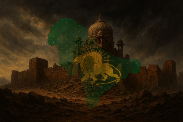 A crumbling Mughal fort under a stormy sky symbolizing the emotional fall of the empire