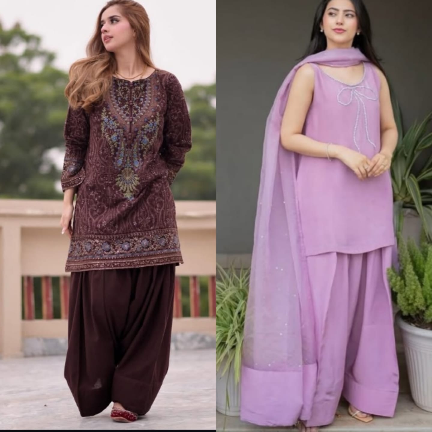 Floor-length farshi shalwar paired with embroidered short kurti