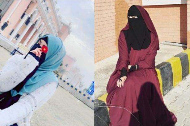 Stylish Pakistani woman wearing chiffon hijab and traditional dress