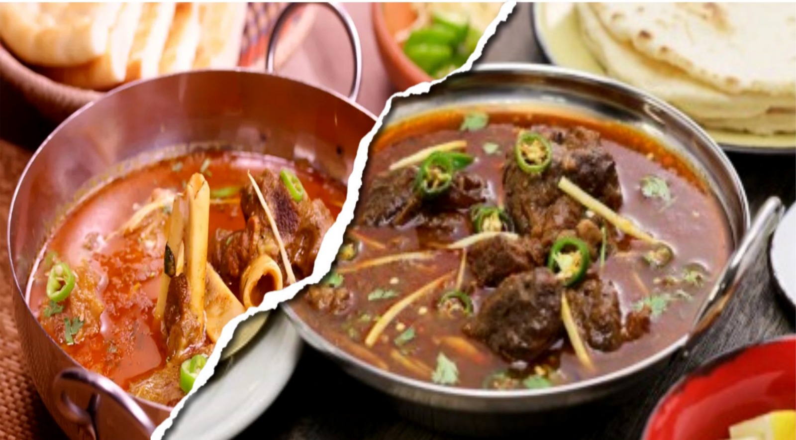 Hot bowls of Pakistani nihari and paaye with naan