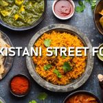 A vibrant scene of Pakistani street food vendors selling traditional dishes