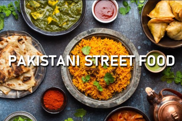 A vibrant scene of Pakistani street food vendors selling traditional dishes