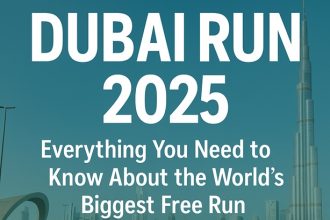 Dubai Run 2025 graphic showing runners on Sheikh Zayed Road with Burj Khalifa in the background