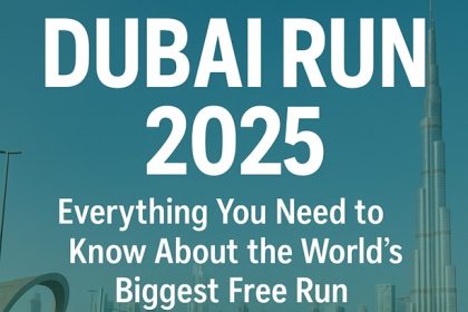 Dubai Run 2025 graphic showing runners on Sheikh Zayed Road with Burj Khalifa in the background