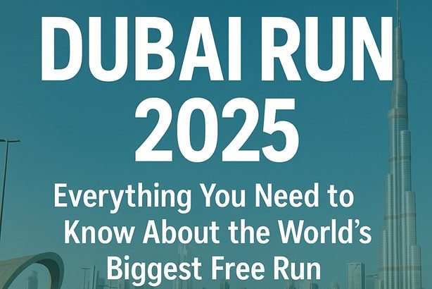 Dubai Run 2025 graphic showing runners on Sheikh Zayed Road with Burj Khalifa in the background