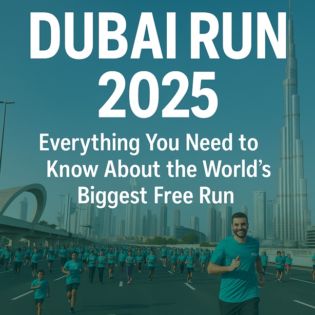 Dubai Run 2025 graphic showing runners on Sheikh Zayed Road with Burj Khalifa in the background