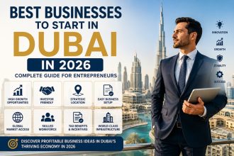 Best businesses to start in Dubai in 2026 featuring Dubai skyline and entrepreneur with investment opportunities