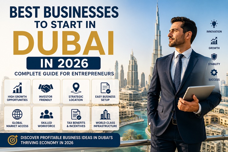 Best businesses to start in Dubai in 2026 featuring Dubai skyline and entrepreneur with investment opportunities